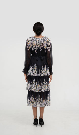 ORIELLE BLACK FLORAL MIDI DRESS