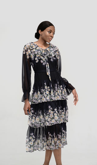 ORIELLE BLACK FLORAL MIDI DRESS