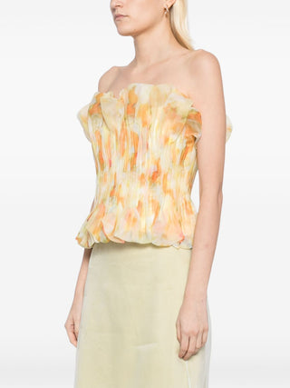 print ruffle trim top in yellow