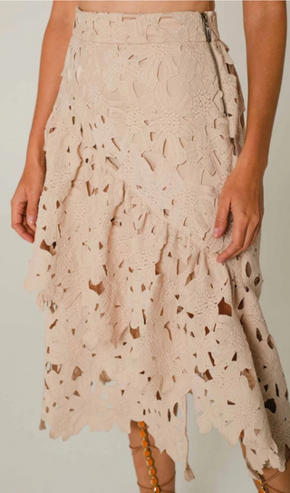 BEIGE LACE LONG SLEEVE ROSETTE MIDI DRESS