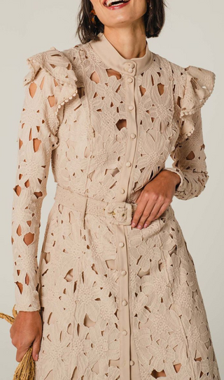 BEIGE LACE LONG SLEEVE ROSETTE MIDI DRESS