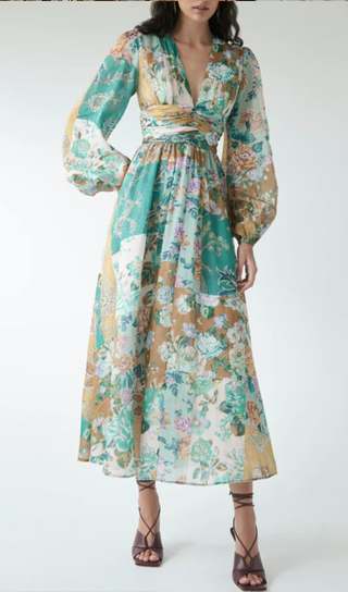 PUFF SLEEVE FLORAL PRINT V NECK RUCHED MIDI DRESS