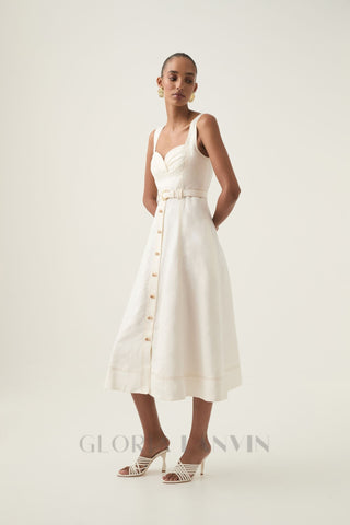 sweetheart neckline belted midi dress in ivory