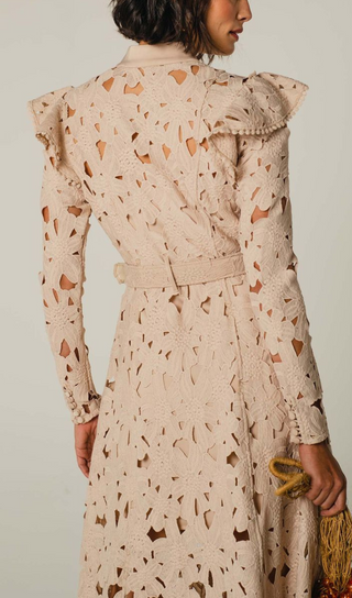 BEIGE LACE LONG SLEEVE ROSETTE MIDI DRESS