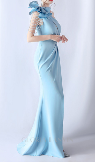 DEBBY BLUE ONE SHOULDER FLOWER CUT OUT SLIT MAXI DRESS