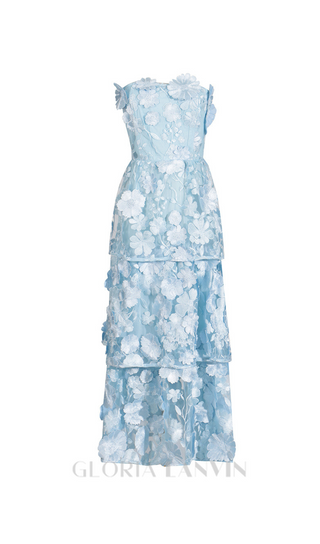 Selene 3D flower Tiered Maxi Dress In Blue