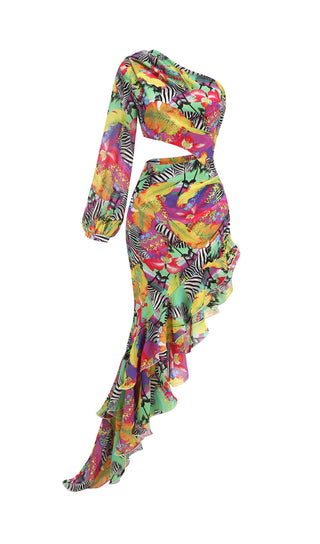 ONE SHOULDER RUFFLR TRIM PRINTED MAXI DRESS