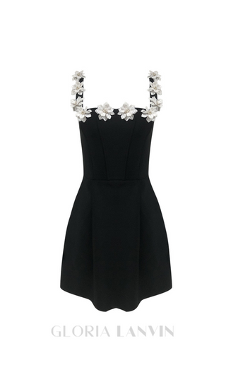 ZENOBIA FLOWER EMBELLISHED BLACK MINI DRESS