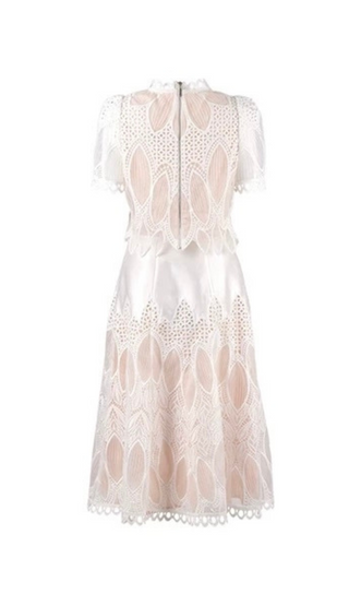 HEAVY-DUTY LACE STAND-UP COLLAR PUFF-SLEEVE HIGH-WAIST MIDI DRESS