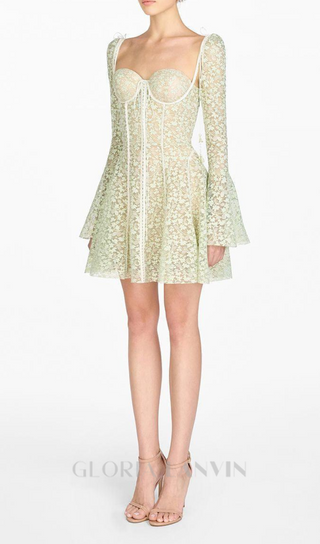 TERESA TRUMPET SLEEVE LACE EMBROIDERY MINI DRESS IN GREEN