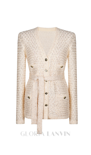 sequin knit v-neck cardigan in beige