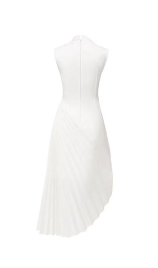 WHITE DIAGONAL PLEATED MIDI DRESS