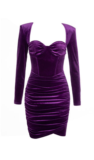 PURPLE VELVET LONG SLEEVES RUCHED MINI DRESS