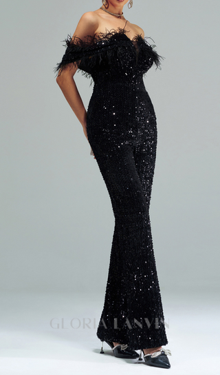 off-shoulder sequin jumpsuit in black