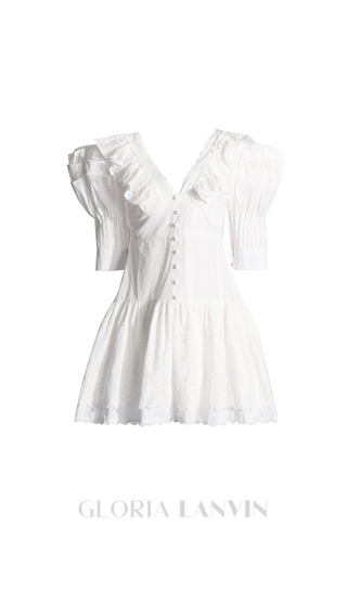 WHITE V-NECK EMBROIDERED RUFFLED MINI DRESS