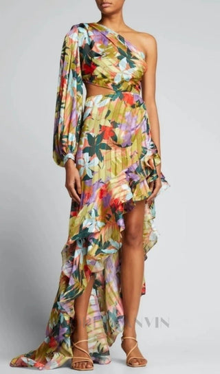 ONE SHOULDER RUFFLR TRIM PRINTED MAXI DRESS