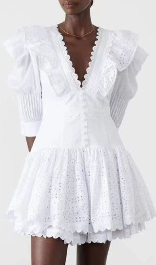 WHITE V-NECK EMBROIDERED RUFFLED MINI DRESS