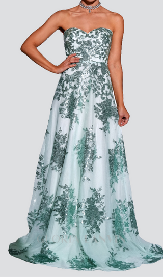 DINAH STRAPLESS SEQUIN A-LINE MAXI DRESS IN GREEN