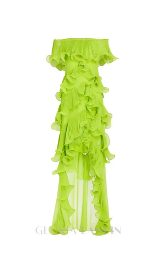 DORA GREEN OFF-SHOULDER PLEATED ORGANZA MAXI DRESS