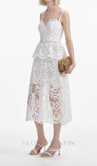 EVELYN CUT OUT LACE LAYERING MIDI DRESS IN WHITE