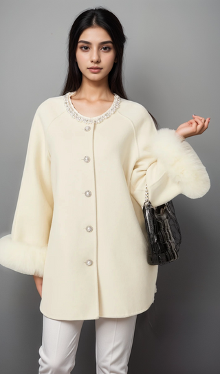 Frédérique white wool fur embellished coat