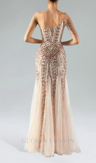 DEIRDRE GOLD ONE-SHOULDER SEQUINED FISHTAIL MAXI DRESS