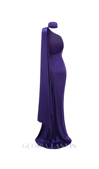 satin wrap halter gown with flower in purple