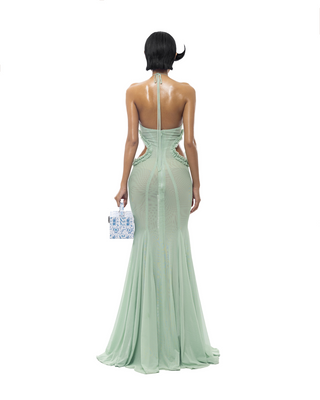 Butterfly Slip Halterneck Tulle maxi Dress in Green