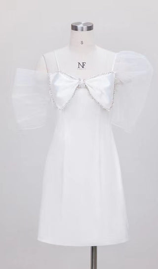 WHITE PUFF SLEEVE BOW MINI DRESS