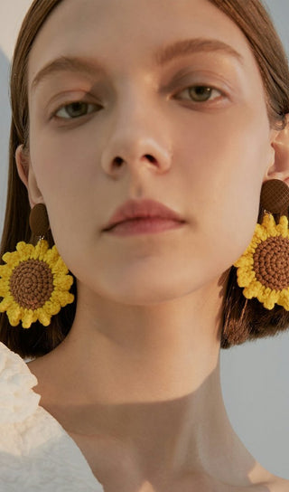 YELLOW BRAIDED FLOWER WOOL EARRINGS