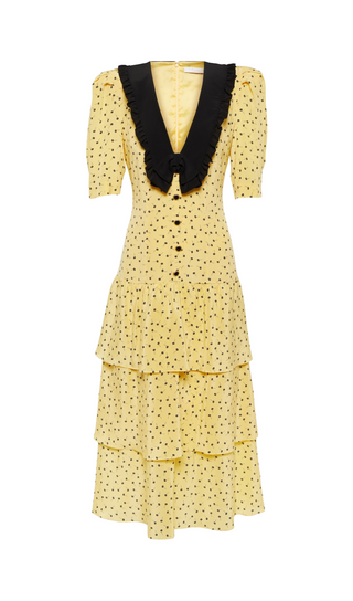 YELLOW POLKA DOT FLORAL SILK MIDI DRESS