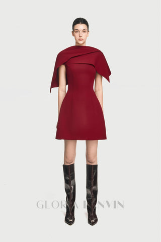 A-line burgundy mini dress with asymmetrical shoulder pleat