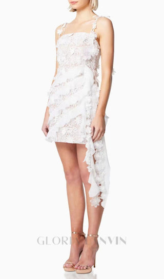 3D FLORAL-EMBELLISHED LACE STRAPPY MINI DRESS IN WHITE