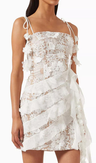 3D FLORAL-EMBELLISHED LACE STRAPPY MINI DRESS IN WHITE