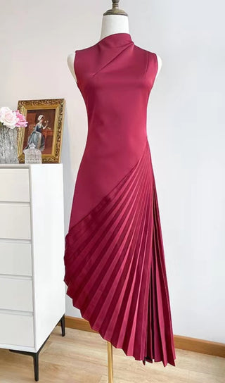 RED DIAGONAL PLEATED MIDI DRESS