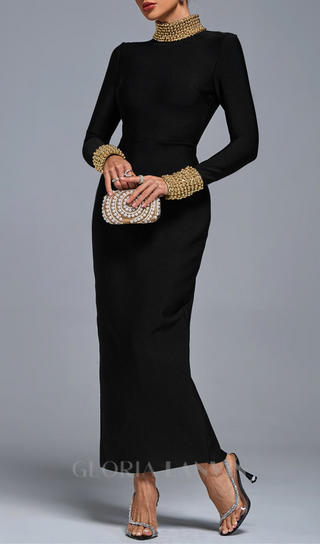 YVONNE LONG SLEEVE GOLD BEAD BANDAGE MIDI DRESS IN BLACK