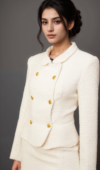 Carlotta white double-breasted tweed jacket & skirt matching set