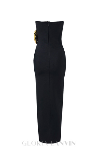 EILEEN BLACK STRAPLESS GOLD ROSE EMBELLISHED MIDI DRESS