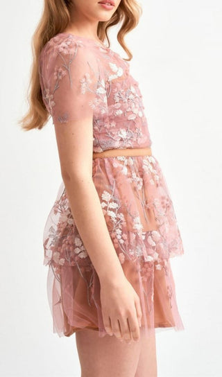 FLOWER MESH TIERED MINI DRESS