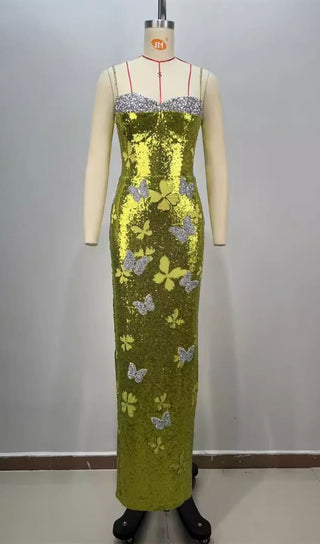 Sequined Low-Cut Strap Maxi Dress Fluorescent Green