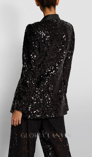 ALEXANDRA BLACK SEQUINED EMBELLISHED SATIN BLAZER