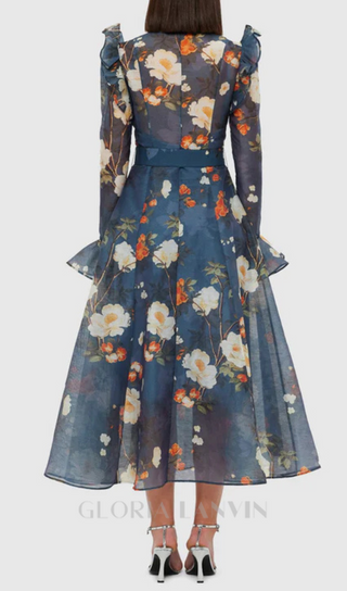 Pear Blossom Print Butterfly Sleeve Midi Dress