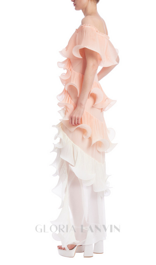 DORA PEACH MULTI OMBRE OFF-SHOULDER PLEATED ORGANZA MAXI DRESS