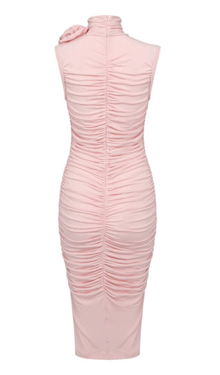 RUCHED APPLIQUÉD MIDI DRESS IN LIGHT PEACH DRESS OH CICI 