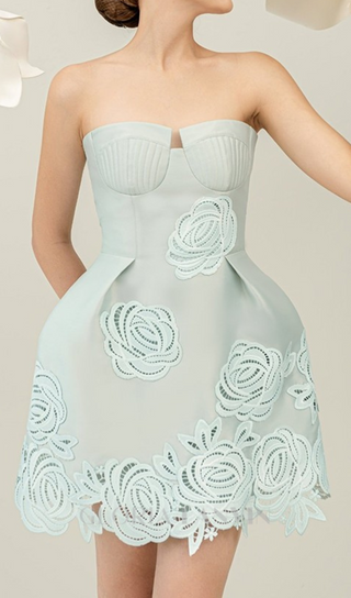 THERA FLOWER EMBELLISHED MINI DRESS IN PALE BLUE