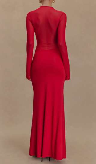 Slinky Mesh Long Sleeve Maxi Dress in Ruby