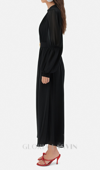 Lantern sleeve silk midi dress in black