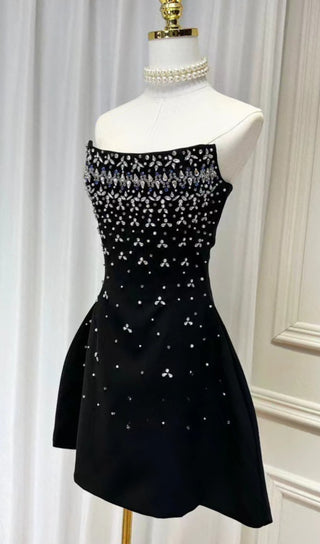 CRYSTAL BEADING STRAPLESS MINI DRESS IN BLACK