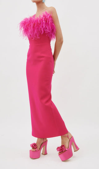 HOT PINK FEATHER BODYCON MAXI DRESS