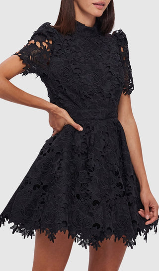 BLACK LACE SHORT SLEEVE MINI DRESS